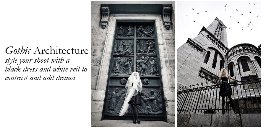 Style your shoot with a Black Dress and White Veil for contrast Overseas pre wedding Paris