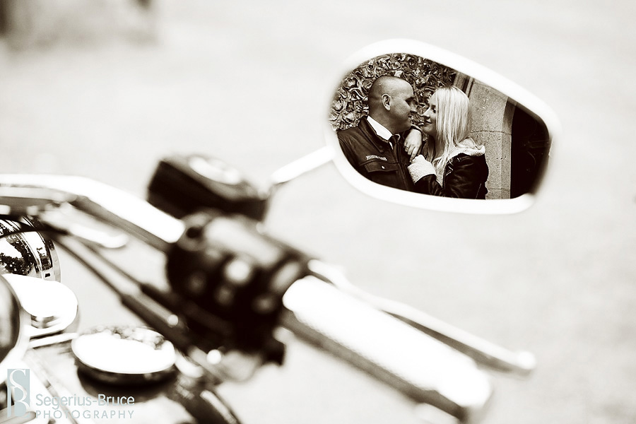 Engagement couple portrait session with a Harley