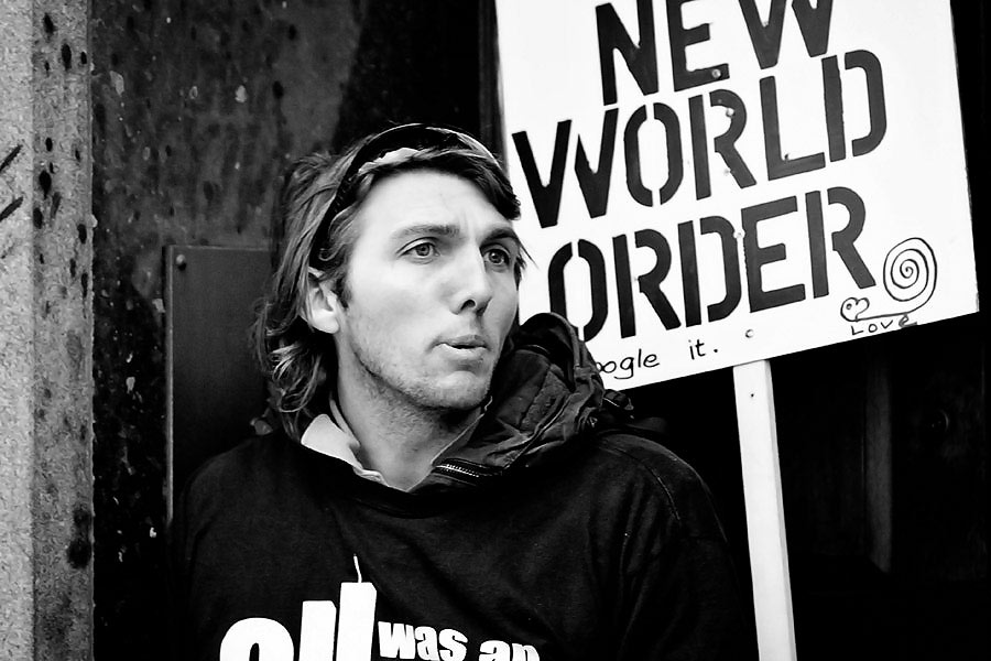 New Wold Order placard G20 protest G20 summit protest in London